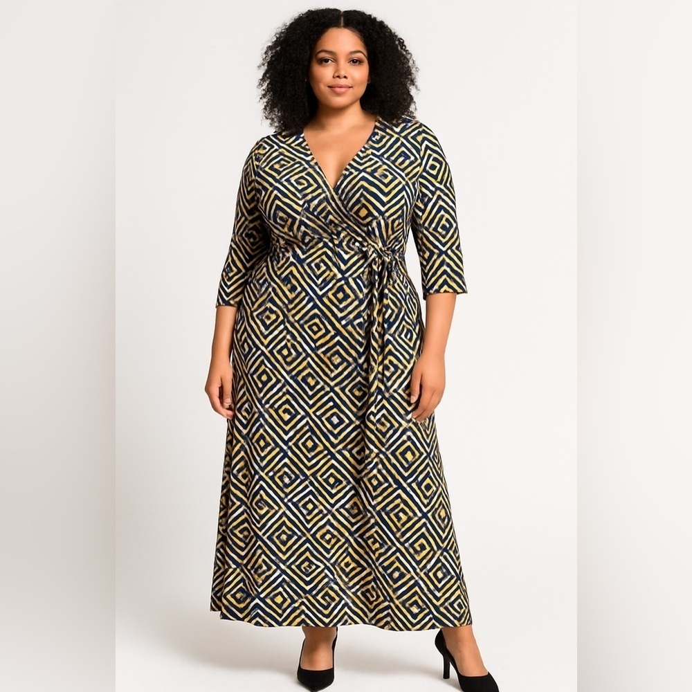 Kiyonna wrap dress flattering stretch jersey geometric print tie waist 1X